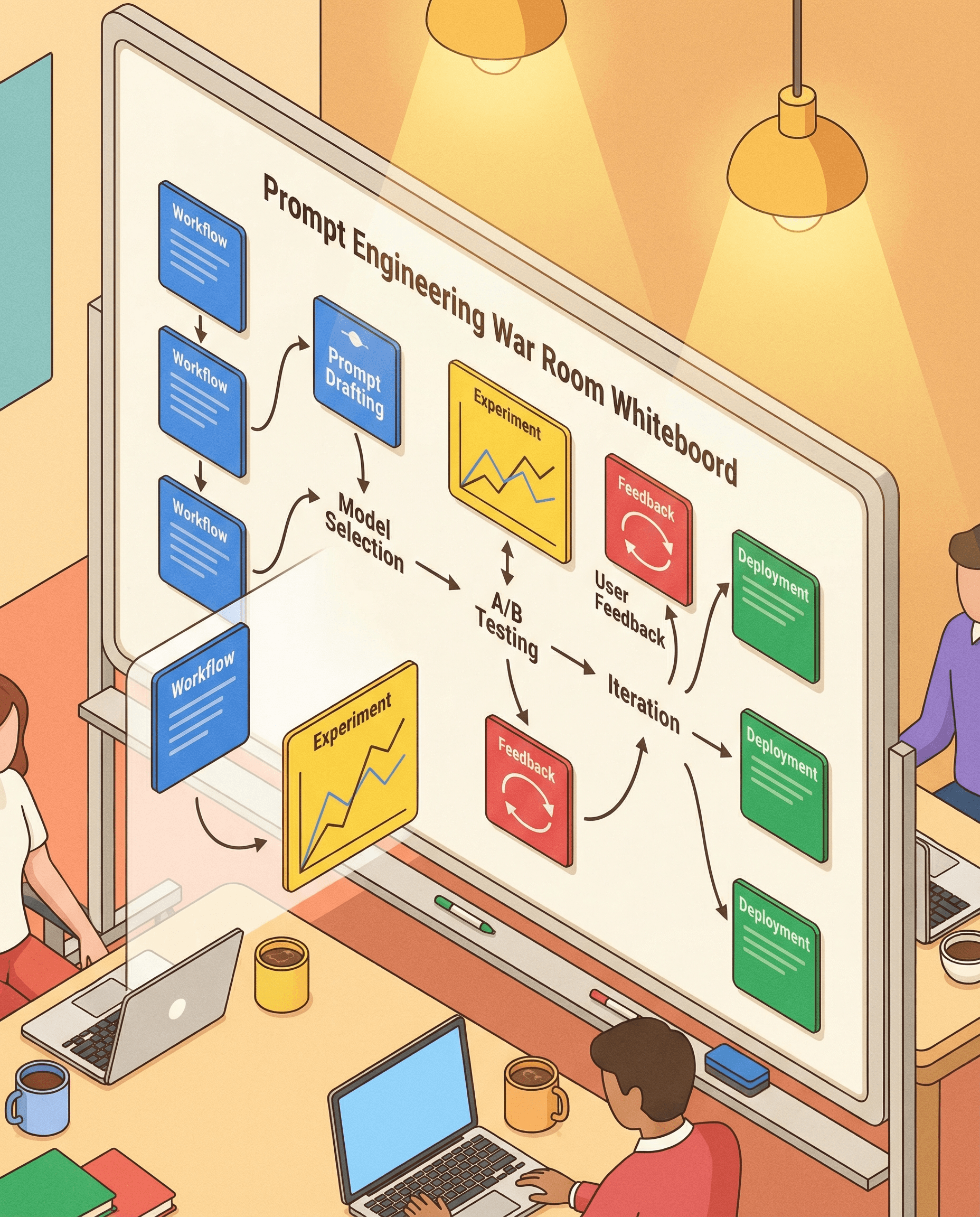 Isometric illustration of a prompt-engineering war room whiteboard covered with workflows and metrics