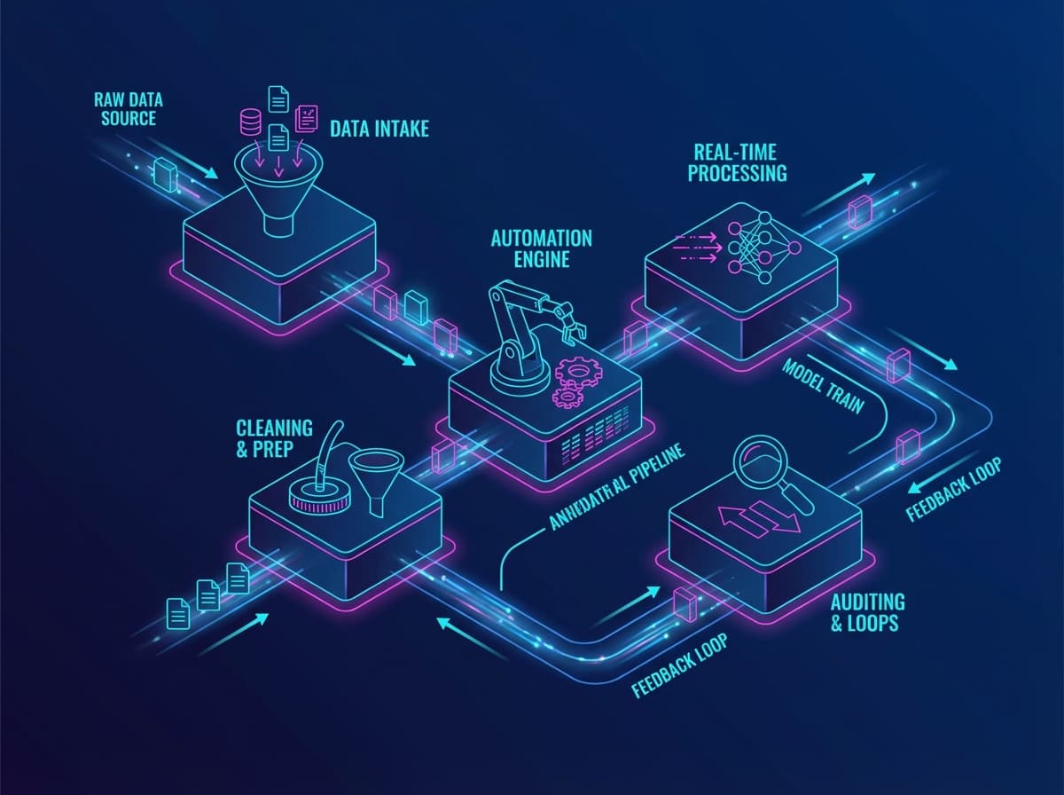 Isometric blueprint showing modular AI pipeline stages from intake through auditing