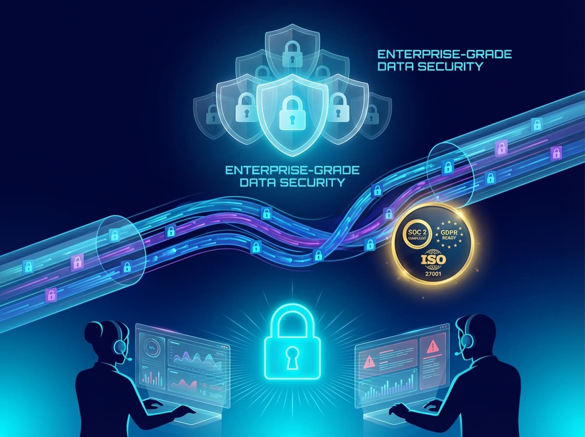 Concept art showing layered shields protecting encrypted AI data streams