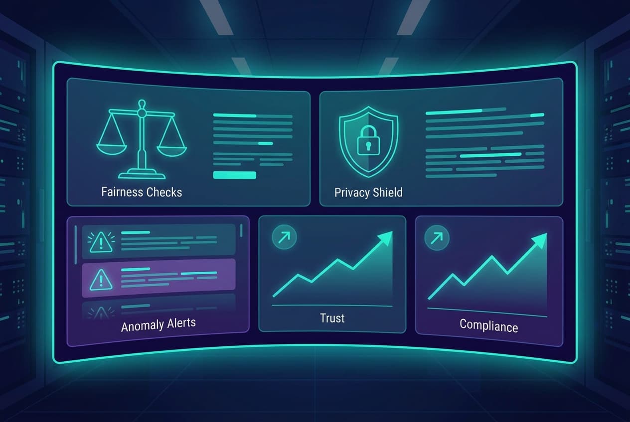 Ethical AI monitoring dashboard with fairness, privacy, and risk signals