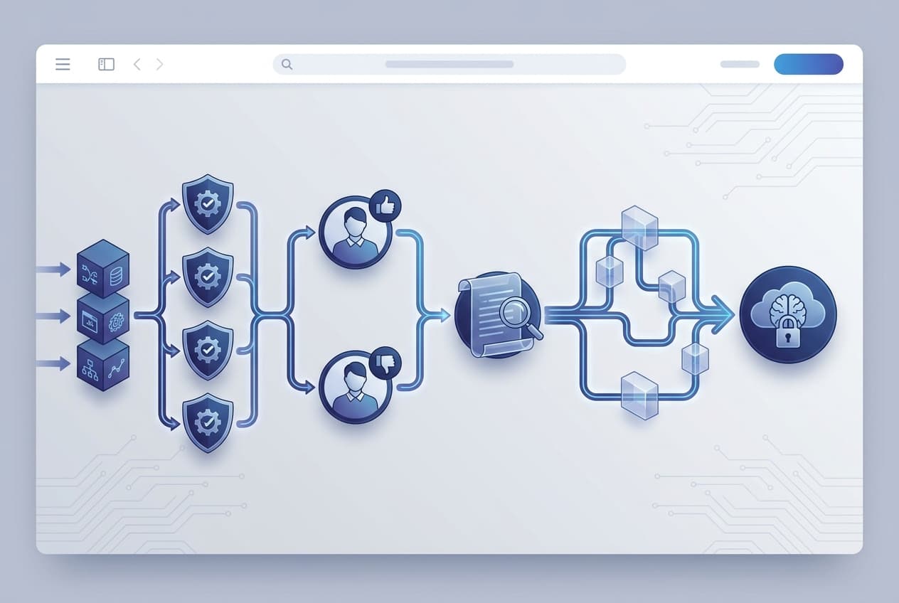 AI governance workflow with human approval and audit paths