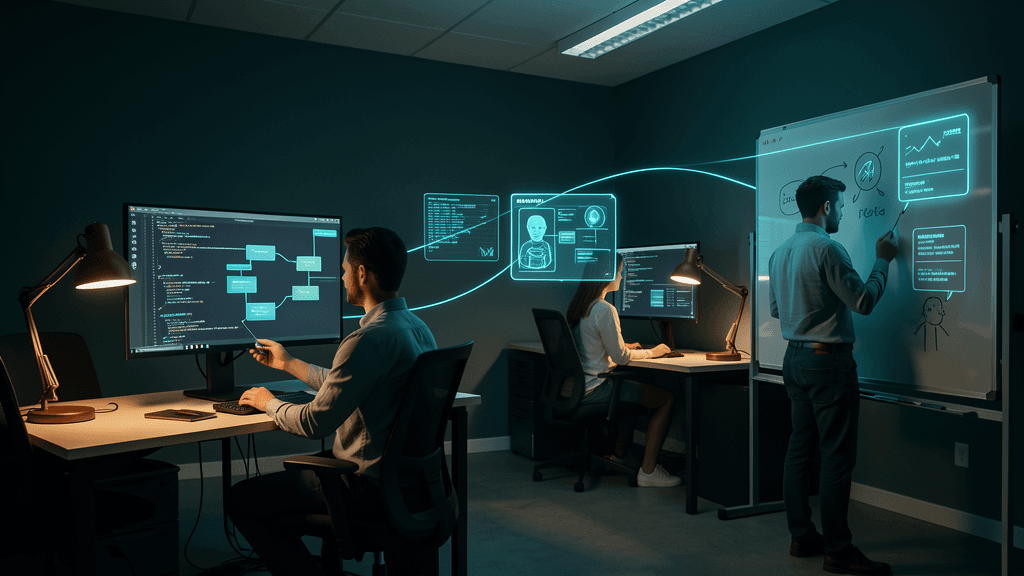 AI-augmented team structure — professionals collaborating with AI systems in a modern workspace