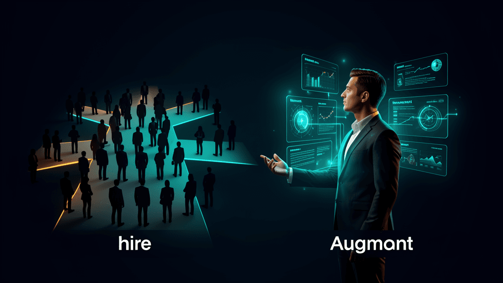 Hire vs augment decision framework — two paths showing expanded teams versus AI-augmented specialists