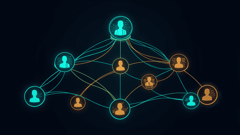 Hybrid human-AI organizational structure — interconnected nodes representing team members, augmented specialists, and AI systems