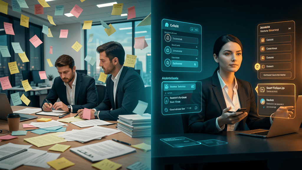 Traditional chaotic sales process transforming into a streamlined AI-assisted workflow