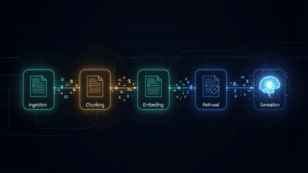 The five-stage RAG pipeline — ingestion, chunking, embedding, retrieval, and generation