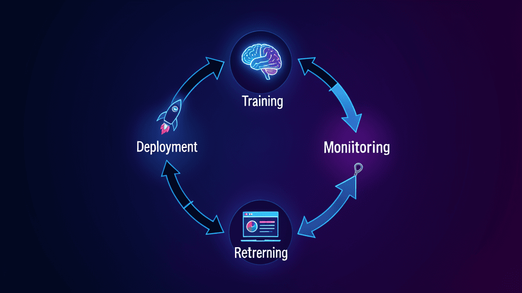 The ML lifecycle — training, deployment, monitoring, and retraining as a continuous loop