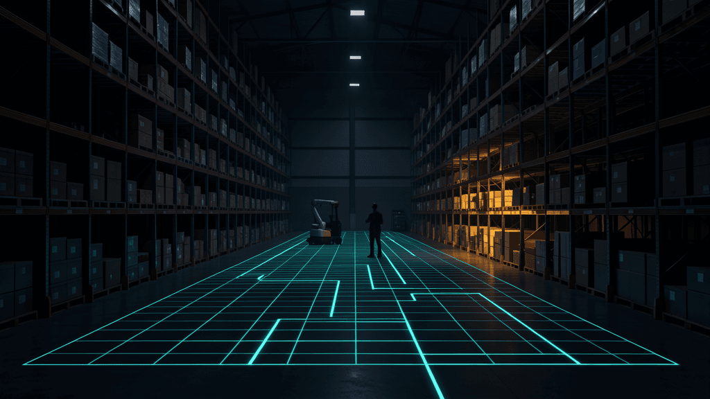 A dark warehouse with a glowing slotting grid and pick paths