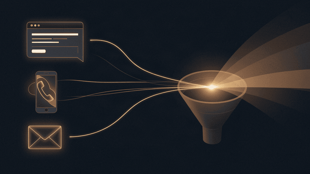 Inquiries arriving across channels with response-time decay after the first hour