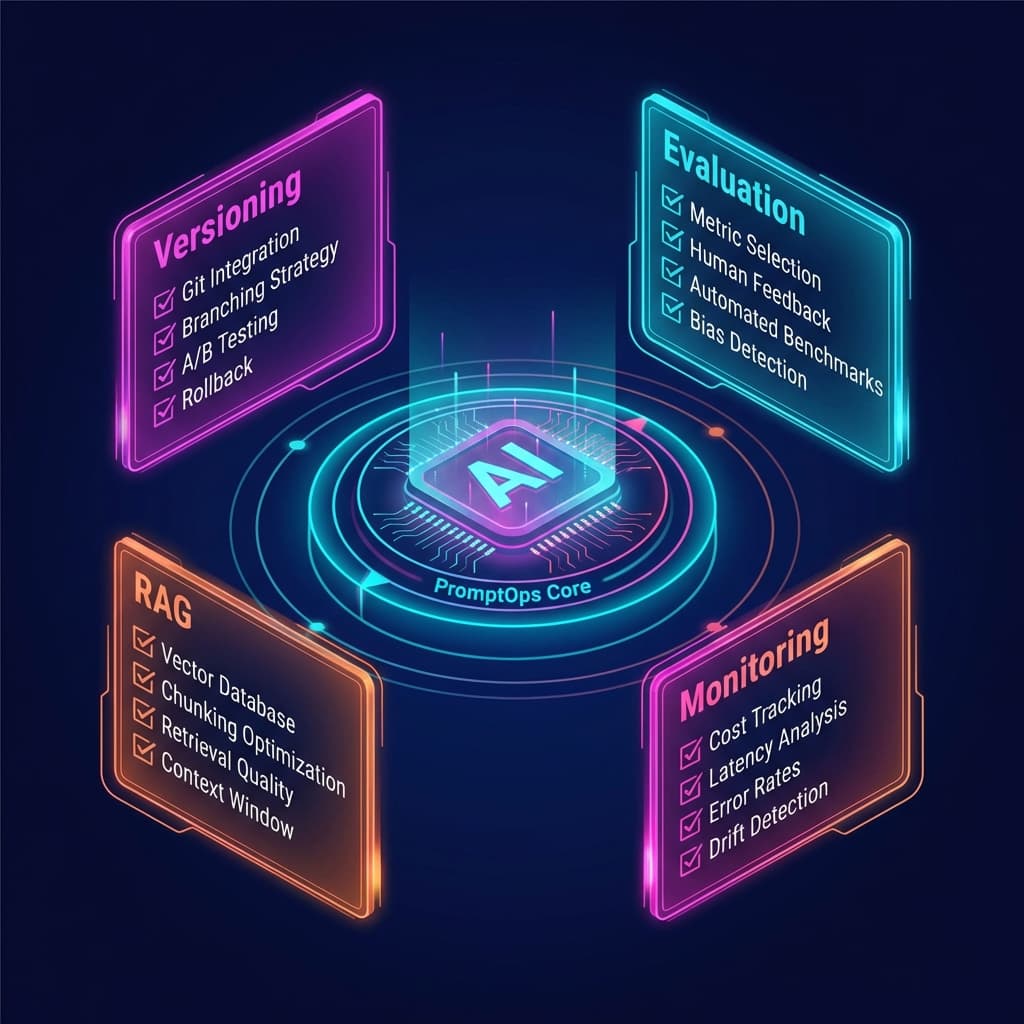 Futuristic dashboard showing versioning, evaluation, RAG, and monitoring cards orbiting a central AI core